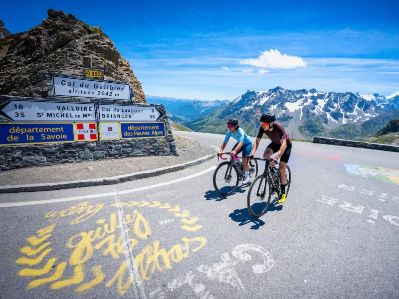 Arrival at the summit of the Col du Galibier, a cyclist's grail