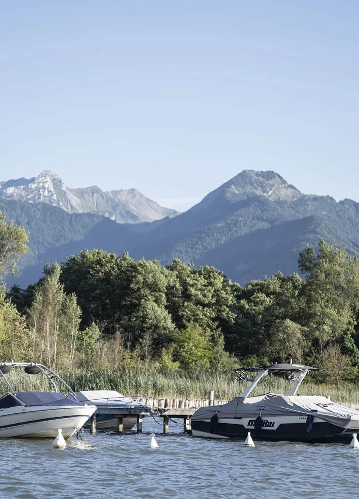 Boats on Lake Annecy at the source of the lake