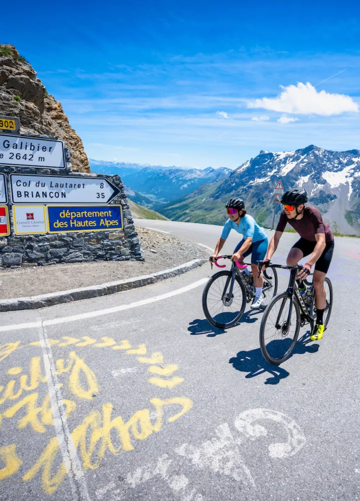 Arrival at the summit of the Col du Galibier, a cyclist's grail