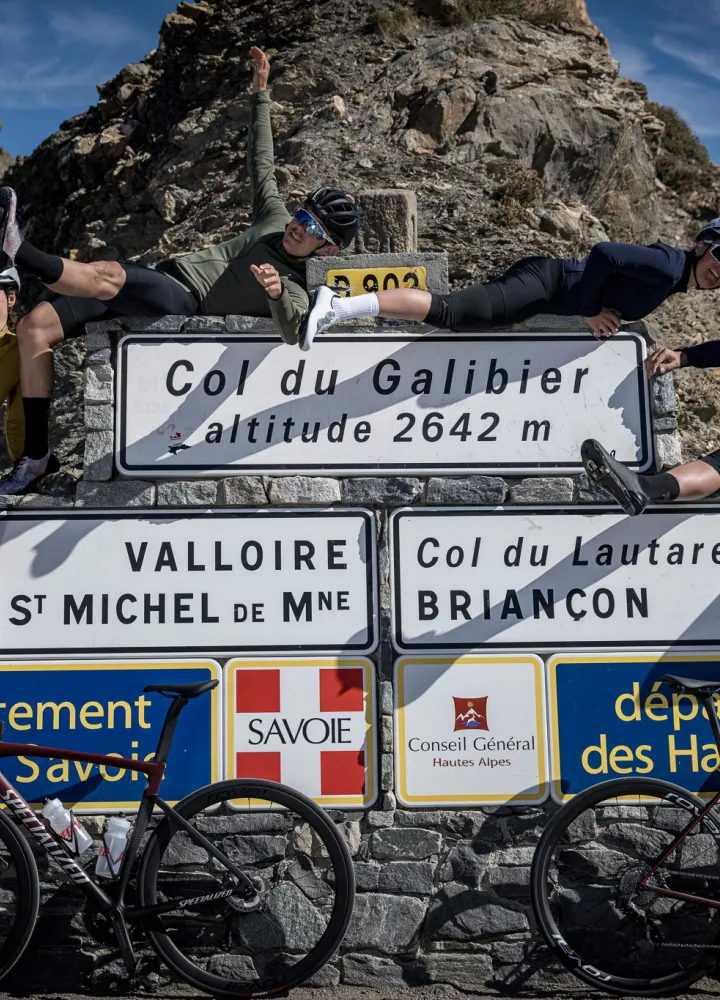 cycling group at the top of the Col du Galibier