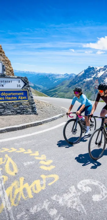 Arrival at the summit of the Col du Galibier, a cyclist's grail