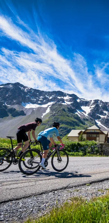 Cyclists on the Col du Lautaret on the Route des Grandes Alpes