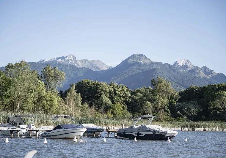 Boats on Lake Annecy at the source of the lake