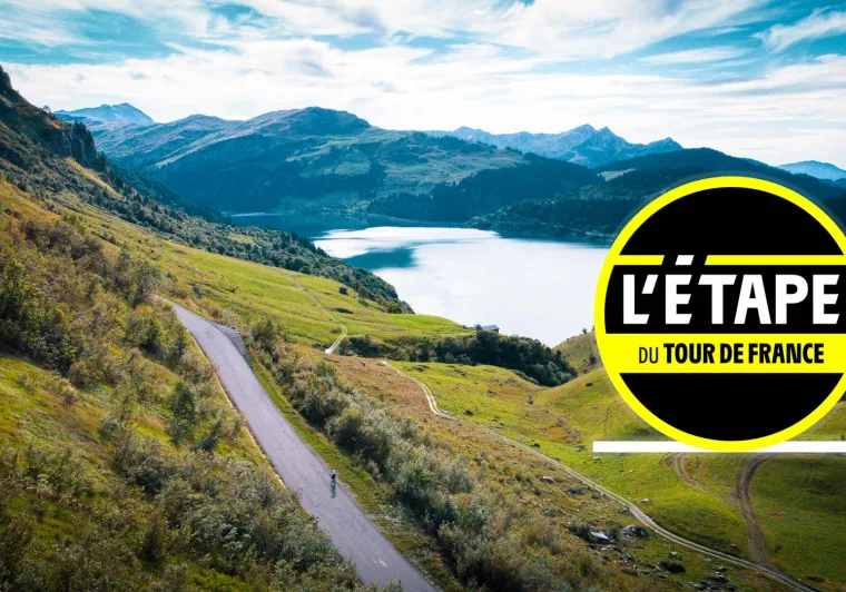 lac de roselend photo by bike with etape du tour logo
